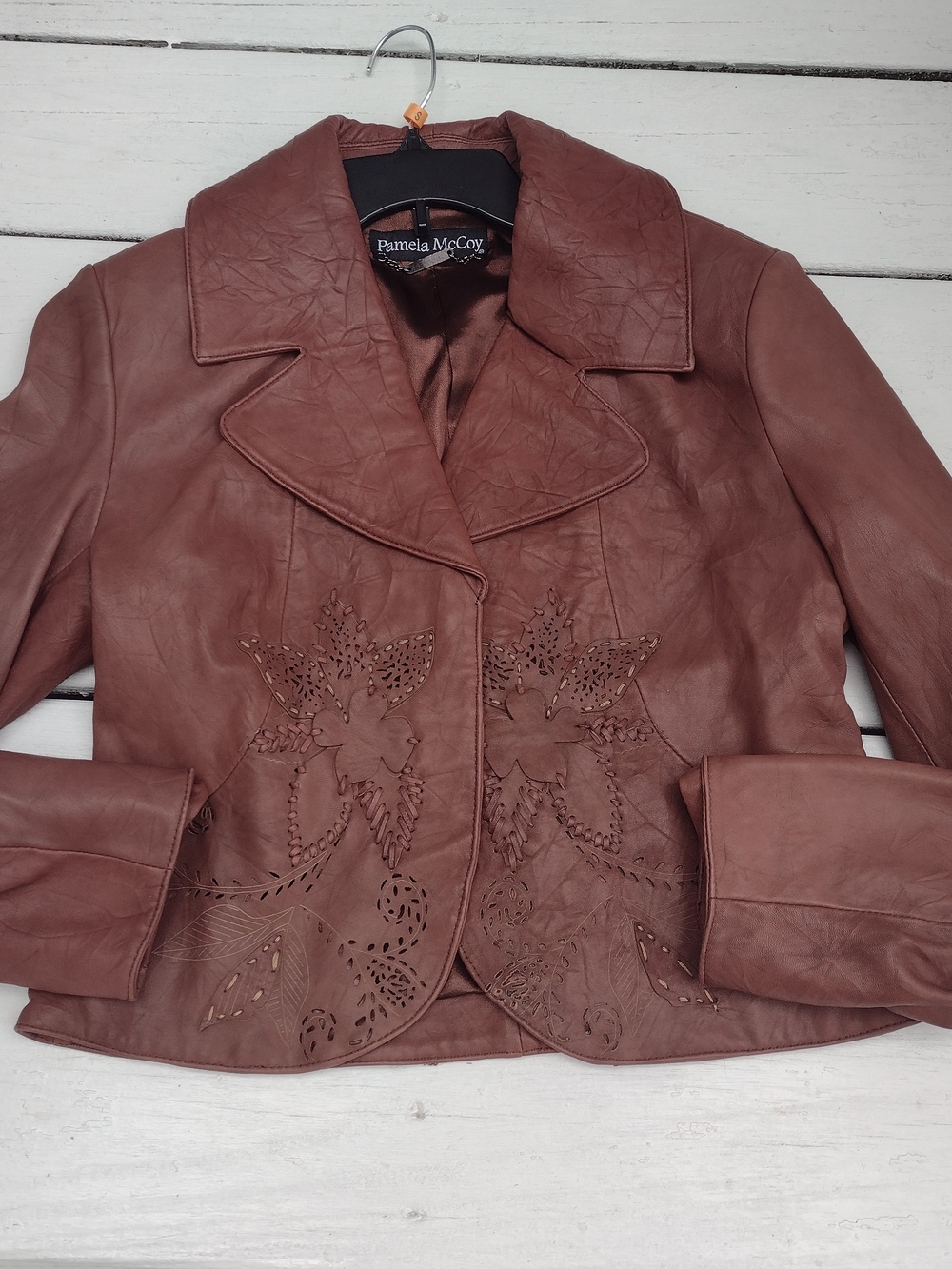 Pamela McCoy Womens Butter Soft Brown Leather Snap Button Jacket Small